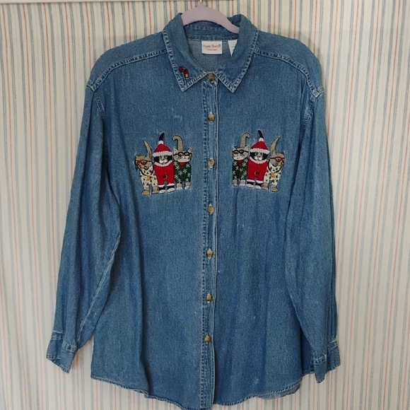 Bobbie Brooks Tops - Bobbie Brooks Blue Denim Shirt With Holiday  Embroidered Kats